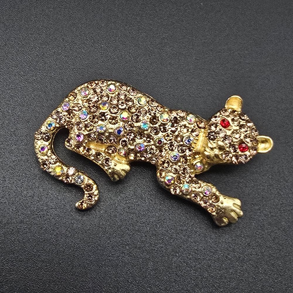 Champagne Rhinestone Panther Leopard Brooch Big Cat Red Eyes